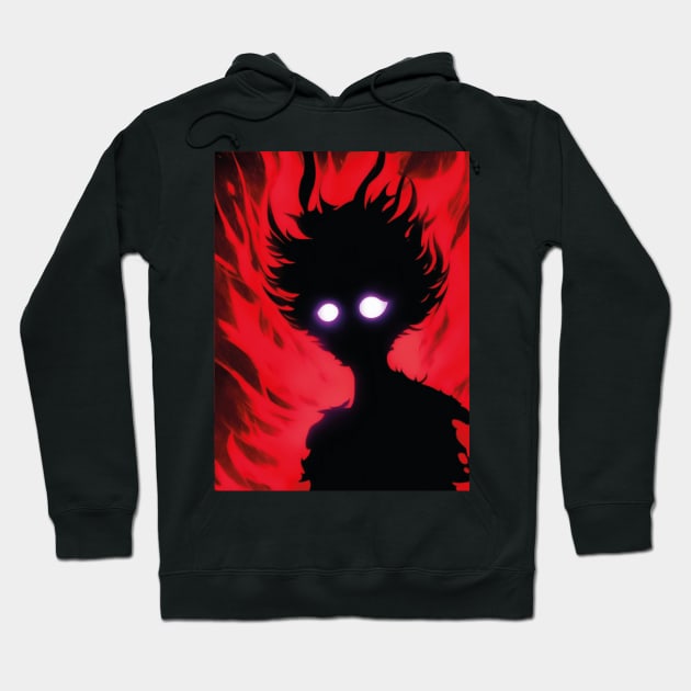 A red black shadow in an anime style with red eyes and flames behind it. Hoodie by mouhamed22